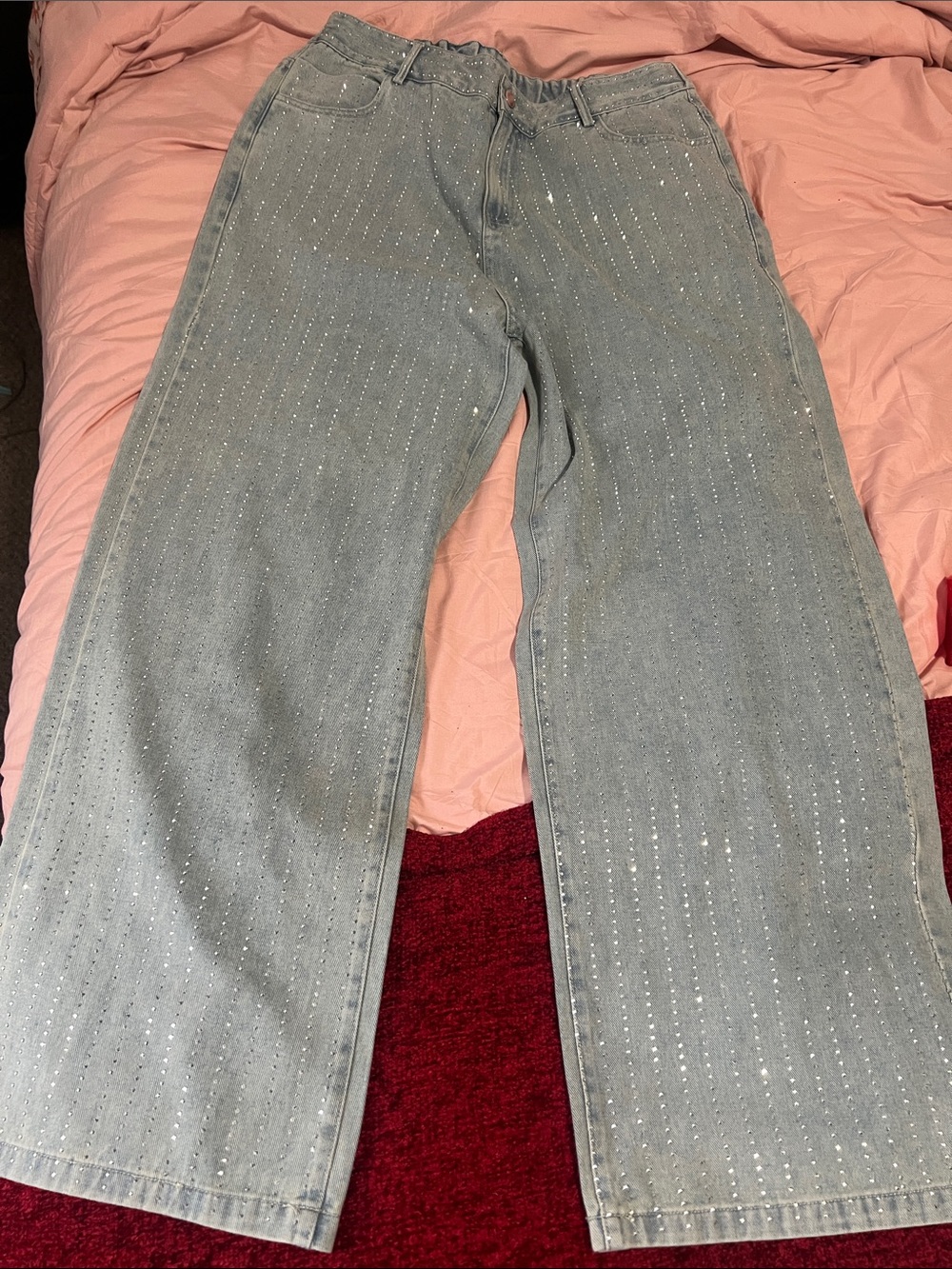 Women’s Light Blue Wide-Leg Jeans with Rhinestone Detail